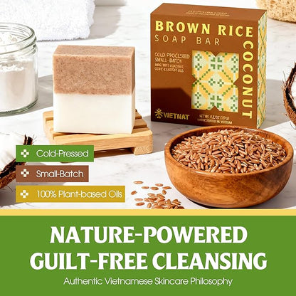 Brown Rice & Coconut Milk Soap Bar (Pack of 5) – 2-in-1 Exfoliating & Moisturizing Handmade Soap, Cold Process Bar with Brown Rice & Coconut Oil, Made in Vietnam