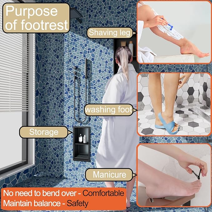 Shower Foot Rest for for Shaving Legs,Double Bathroom Selves Niche Insert for Footrest,Foot Holder Bathroomr,Stainless Steel 304，Matte Black,12.2 in x 4.8 in x 3.9 in