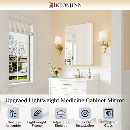 Keonjinn 24 x 32 Inch Medicine Cabinet Mirror, Assembly Required, Large White Medicine Cabinets for Bathroom, Stepless Adjustable Shelves, Tempered Glass, Soft Closing, Recessed or Wall Mount