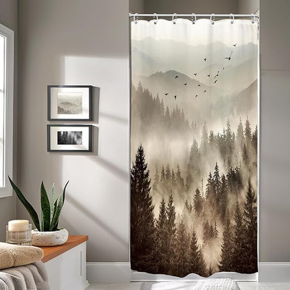 Riyidecor Foggy Mountain Small Stall Shower Curtain 36Wx72H Inch Nature Scenery Tree Rustic Woodland Alpine Landscape Natural Abstract Modern Bathroom Decor Fabric Polyester Waterproof 7 Pack Hooks