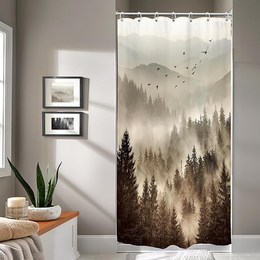 Riyidecor Foggy Mountain Small Stall Shower Curtain 36Wx72H Inch Nature Scenery Tree Rustic Woodland Alpine Landscape Natural Abstract Modern Bathroom Decor Fabric Polyester Waterproof 7 Pack Hooks