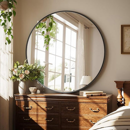42 Inch Round Black Metal Wall Mirror - Stylish Circle Mirror for Entryway, Bathroom, and Living Room Decor | Matte Black Circle Wall Mirror