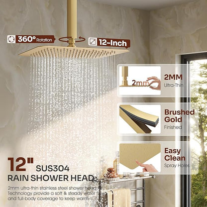 Ceiling Mount Shower System, Gold Shower Faucet Set with 12-Inch Rain Showerhead and Handheld Spray Combo, High-Pressure Showerheads Set with Valve and Trim Kit, Brushed Gold