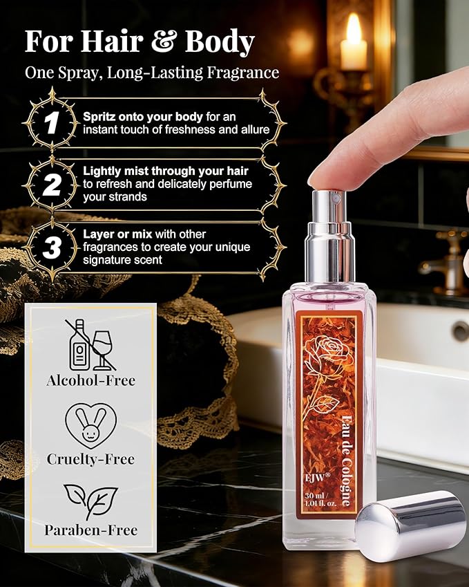 EJW Tobacco Rose Body Spray for Women | Warm Floral Hair Perfume & Body Mist, Alcohol-Free Long-Lasting Fragrance with Aloe & Collagen, 1.01 fl oz (Tobacco Rose)