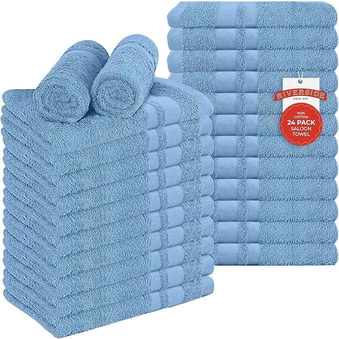 RIVERSIDE Pack of 24 Salon Towels Set – 16 x 26 Inches, 100% Ring Spun Cotton Highly Absorbent and Quick Dry Towels for Salon, Hand, Barber, Gym, Home & Hair Care, Blue
