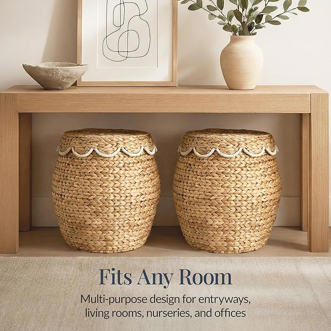 Best Choice Products Scalloped Multipurpose Hyacinth Storage Basket, Plant Décor, Handwoven Organizer Tote for Bedroom, Living Room, Nursey, w/Lid - Natural with White Trim