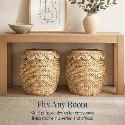 Best Choice Products Scalloped Multipurpose Hyacinth Storage Basket, Plant Décor, Handwoven Organizer Tote for Bedroom, Living Room, Nursey, w/Lid - Natural with White Trim