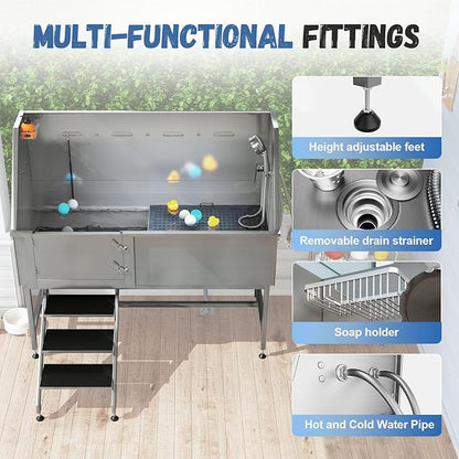 Albott 60 Inch Stainless Steel Dog Washing Station, Professional Pet Bathtub with Stairs, 3-Speed Adjustable Showerhead, Removable Grates, and Easy-Clean Design, XL for Large Dogs (Left Door).