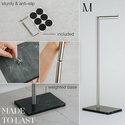 MARMOLUX ACC Free Standing Brushed Nickel Toilet Paper Holder Stand - 4 Jumbo Roll Bathroom Hardware - Standing Toilet Paper Holder - Stainless Steel Toilet Paper Stand - Brushed Steel/Black Marble