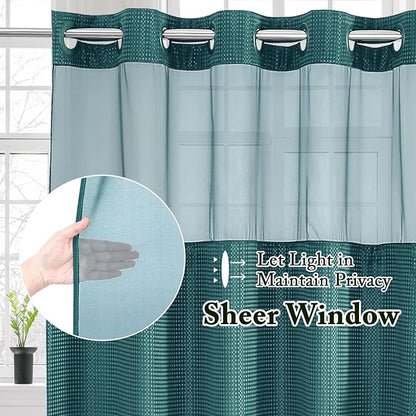 Gibelle No Hook Waffle Weave Shower Curtain with Snap-in Fabric Liner Set for Bathroom, Hotel Style with Mesh Top Window, Waterproof & Washable, Seaweed Green, 72x74
