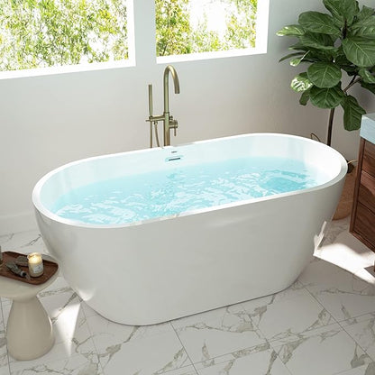 FerdY Nauru 59" Freestanding Bathtub,Gracefully Shaped Freestanding Soaking tub, Glossy White, cUPC Certified, Chrome Drain & Classic Slooted Overflow Assembly Included