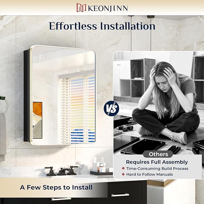 Keonjinn 24 x 32 Inch Brushed Nickel Mirrored Medicine Cabinet, Recessed Medicine Cabinets for Bathroom, Silver Stainless Steel Framed, Adjustable Shelves, in Wall or Surface Mount, Modern Style