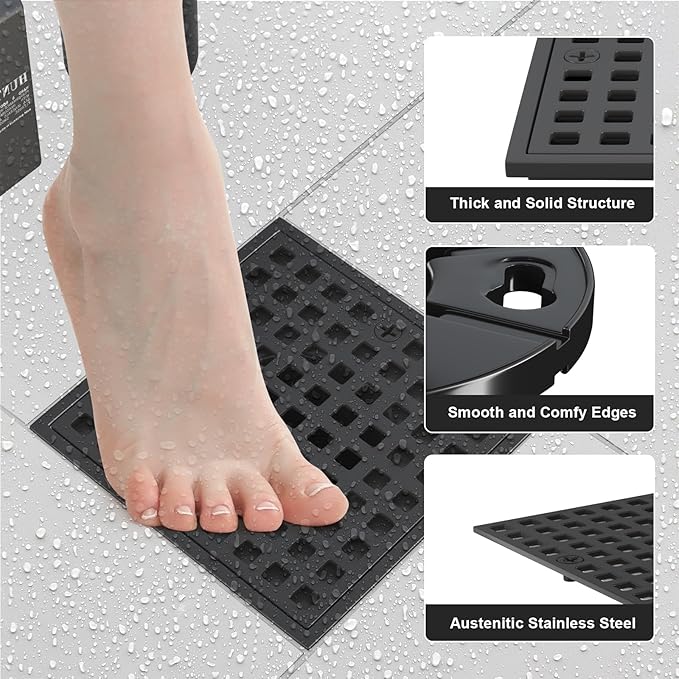 4 Inch Square Shower Floor Drain, Matte Black 304 Stainless Steel Shower Floor Drain Kit with ABS Flange for 2" or 3" Pipe, Removable Grid Cover Hair Strainer Catcher,CUPC Certified