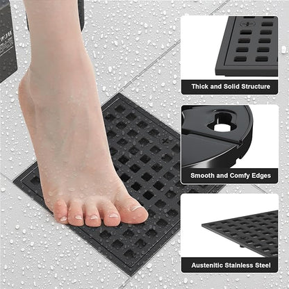 4 Inch Square Shower Floor Drain, Matte Black 304 Stainless Steel Shower Floor Drain Kit with ABS Flange for 2" or 3" Pipe, Removable Grid Cover Hair Strainer Catcher,CUPC Certified