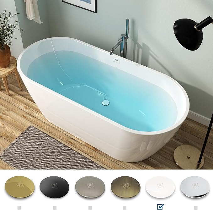 FerdY 67" Bali Acrylic Freestanding Bathtub, Gracefully Shaped Freestanding Soaking Bathtub, cUPC Certified, Toe-Tap Polished White Drain and Minimalist Linear Design Overflow Included