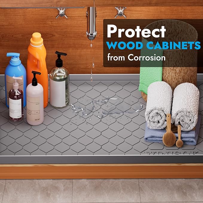 Silicone Under Sink Mat 34" x 19", kitchen Essentials and Gadgets, Shelf liner and Cabinet Protector, Home Organizers and Storage, Waterproof Bathroom Tray