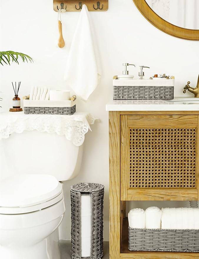 GRANNY SAYS Gray Wicker Baskets, Decorative Baskets for Shelves, Basket Organizer with Handles, Small Wicker Baskets for Organizing, Toilet Paper Baskets for Organizing, Set of 2