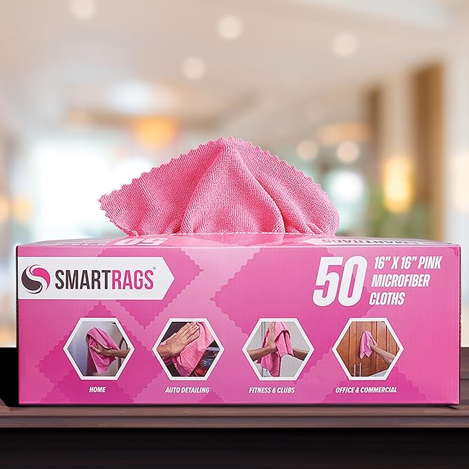 Arkwright Smart Rags in Box - (Bulk Case of 400) Lint Free, Large Microfiber Cleaning Cloth, Scratch & Streak-Free, Dispensable Wash Towels for Cars, Kitchen, and Window Glass, 16 x 16 in, Pink