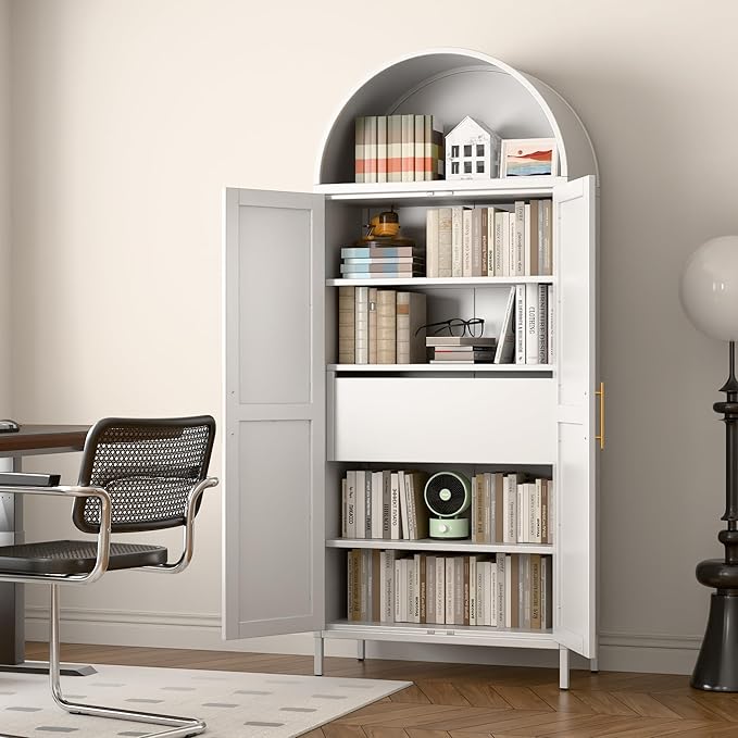 73'' Tall Metal Arched Cabinet, Modern Arch Bookcase Display Cabinet with Doors/Shelves/Internal Drawers for Home Office Kitchen Bar Living Room(White)