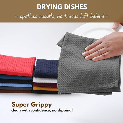 Native Fab Cotton Kitchen Towel with Hanging Loop 16x26 inches, 12-Pack, Waffle Weave Kitchen Towels for Cleaning Drying, Washcloths Soft & Absorbent Cloth Rags, Bar Towel, Dish Cloth, Grey