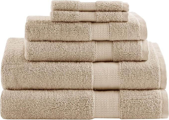 Comfort Spaces Turkish Bathroom Towel Set 6 Piece Luxury Bath Towel Set 2 Hand Towel for Bathroom 2 Washcloth 2 Large Bath Towel Sets Long Staple Ultra-Soft Quick Dry Towel Set Tan Beige