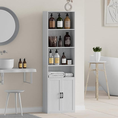 Tall Bathroom Storage Cabinet, Bathroom Floor Cabinet with Wide 4 Tier Shelf, Storage Unit for Living Room, Entryway, Kitchen (Embossed White, 2 PCS)