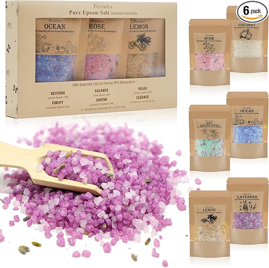 Bath Salts Gift Set 6-Pack - Relaxing Aromatherapy Spa Set for Women, 80g Self-Care Gifts for Mom, Mother's Day Birthday Gifts with Natural Sea Salts
