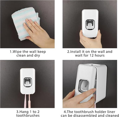 2 Slot Plastic Toothbrush Holder and Toothpaste Dispenser Wall Mounted, Automatic Toothpaste Squeezer, 2 in 1 Tooth Brush Toothpaste Organizer for Shower (White)