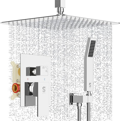 SR SUN RISE 12 Inch Ceiling Mounted Shower System Rain Mixer Combo Set Rainfall Shower Head System Faucet Trim Repair Kits Polished Chrome Rough-in Valve Body and Trim Included