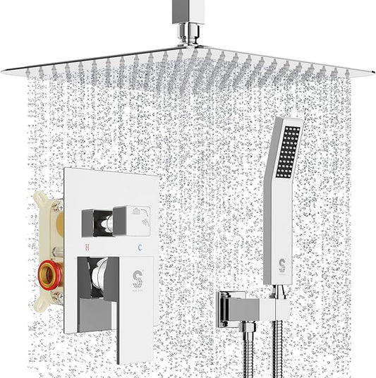SR SUN RISE 12 Inch Ceiling Mounted Shower System Rain Mixer Combo Set Rainfall Shower Head System Faucet Trim Repair Kits Polished Chrome Rough-in Valve Body and Trim Included
