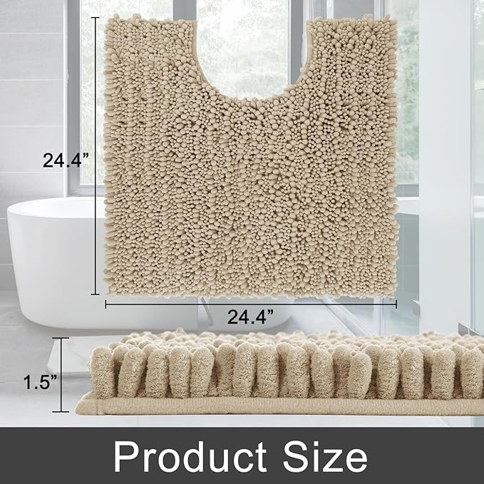 Yimobra Toilet Rug U Shaped Washable 24x24 Inch - Ultra Soft Absorbent Chenille Bath Rugs for Toilet, Quick Dry & Machine Washable, Non Slip Contour Bathroom Mat, Pale Khaki