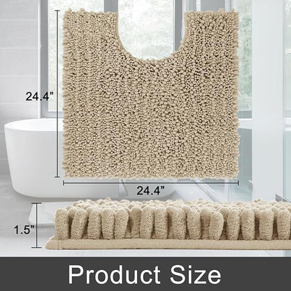 Yimobra Toilet Rug U Shaped Washable 24x24 Inch - Ultra Soft Absorbent Chenille Bath Rugs for Toilet, Quick Dry & Machine Washable, Non Slip Contour Bathroom Mat, Pale Khaki