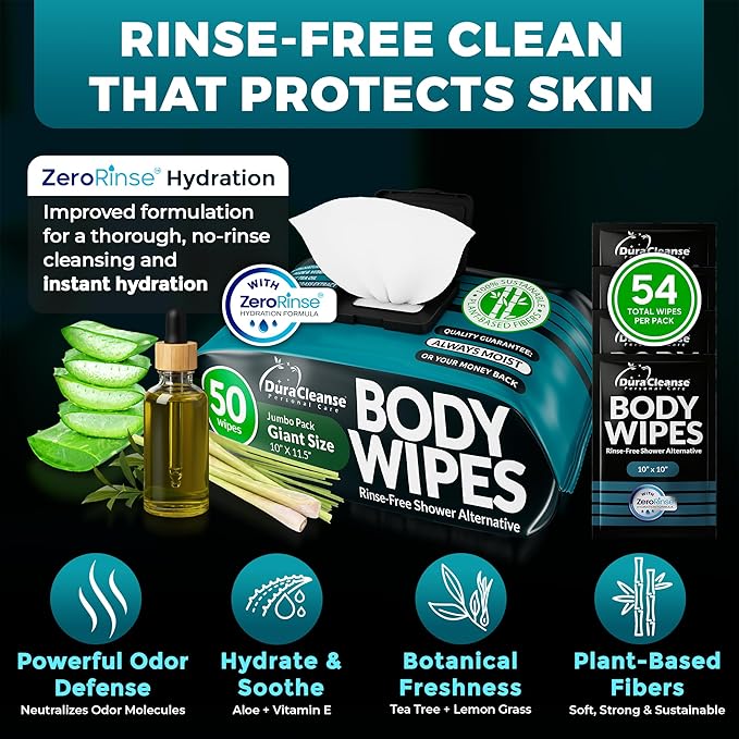 Body Wipes for Men (2 Pack) – 100 XL No Rinse Shower Sheets + 8 Travel Bath Wipes, 10" x 11.5" Adult Disposable Washcloths for After Gym Use, Hunting, Camping and Travel
