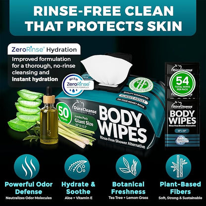 Body Wipes for Men (2 Pack) – 100 XL No Rinse Shower Sheets + 8 Travel Bath Wipes, 10" x 11.5" Adult Disposable Washcloths for After Gym Use, Hunting, Camping and Travel