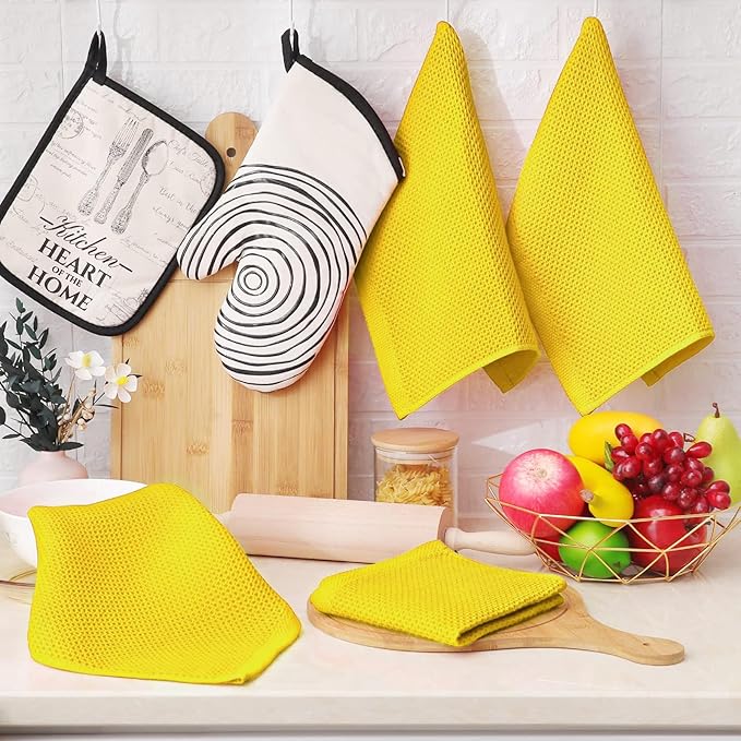 Homaxy 100% Cotton Waffle Weave Kitchen Dish Cloths, Ultra Soft Absorbent Quick Drying Dish Towels, 12 x 12 Inches, 6-Pack, Yellow
