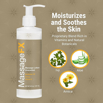 Massage FX Unscented Massage Lotion, 8 oz Pump Bottle - Soothing Formula Provides Smooth Extended Glide - Non Sticky Formula Easy Glide Smooth Touch with Natural Botanicals for Ultra Spa Experience