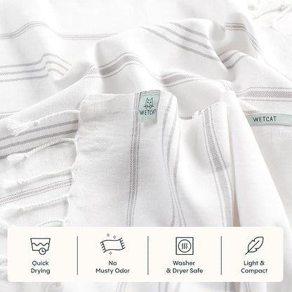 WETCAT Turkish Hand Towels with Hanging Loop, Set of 2 (20" x 30") 100% Turkish Cotton, Pre-Washed, Quick Drying, for Kitchen or Bathroom - Grey & White