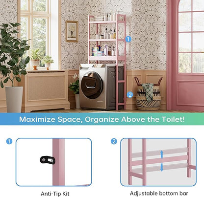 SMIBUY Bathroom Storage Shelf, Bamboo Over-The-Toilet Organizer Rack, Freestanding Toilet Space Saver with 3-Tier Adjustable Shelves (Pink)