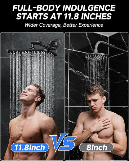 Veken 11.8" Black Rain Shower Head, Rectangular Rainfall Showerheads with 11" Stainless Steel Exension Arm, Height & Angle Decor Adjustable, High Pressure Shower Heads, Bathroom Accessories