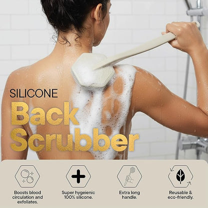TOOLETRIES Silicone Back Scrubber with Hook - Exfoliating Shower Brush, Back Washer for Men, Durable Back Brush with Long Handle - Long Lasting Bath & Shower Accessories - Sand