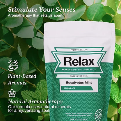 Relax Spa & Bath, Epsom & Dead Sea Salts, Aromatherapy Bath Salts for Hot Tub, Bath, or Spa, Infused with Magnesium, Eucalyptus Mint Scent