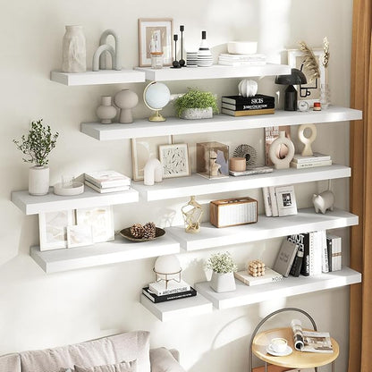 12 Inch Square Floating Shelves for Wall 2 Pack, 12"D Wood Grain Bathroom Shelves with Invisible Brackets, Easy Install Engineered Wood Storage Shelves for Kitchen, Living Room, Bedroom, White Finish