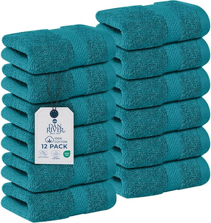 DAN RIVER 12-Pack Premium 100% Cotton Teal Face Towels – Reusable Face Towel Set, Soft & Absorbent Face Cloths for Bathroom & Body – Hand and Face Towels, 550 GSM (12x12 in)