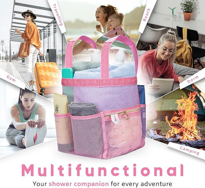 Mesh Shower Caddy Dorm, 7 Pockets & 1 with Zipper, Shower Tote with Padded Handles, Travel Portable, Shower Caddy College Room Essentials, Bathroom Shower Bag (Pink)