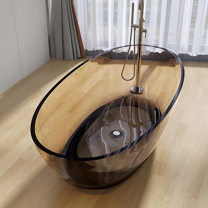 Stone Resin Freestanding Bathtub 71", Elegant Oval Shape Soaking Tub, Solid Surface Stand Alone Bathtub with Drain & Integrated Slotted Overflow Transparent Sepia AMFS303-1800 SEPIA