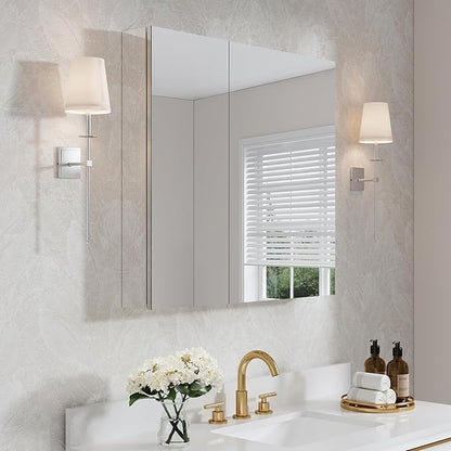 WELLFOR 32" x 30" Rectangle Medicine Cabinet Mirror, Surface Mount or Recessed Medicine Cabinet with Tempered Mirror, Anodized Chrome Aluminum Frame, Bathroom Mirror with Storage