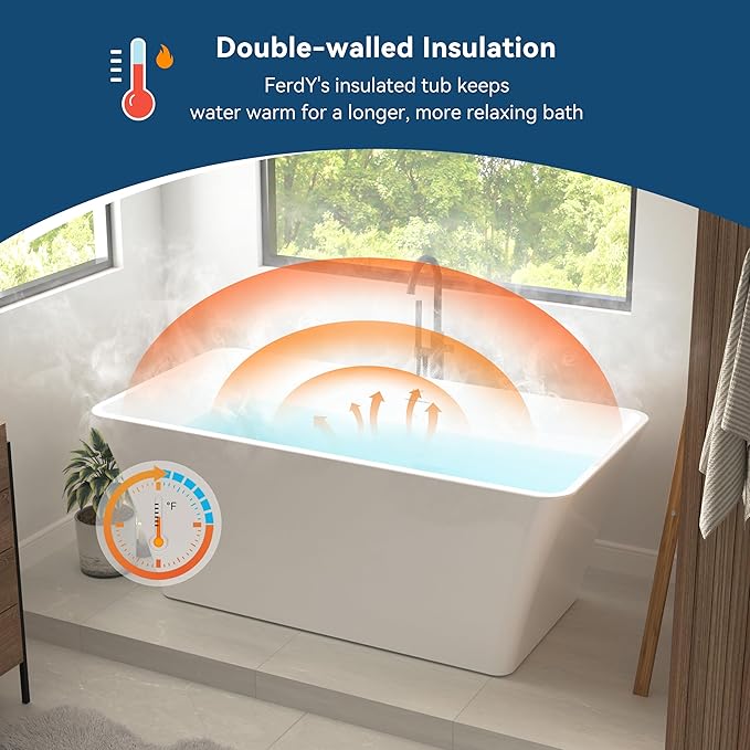 FerdY Sentosa 59" Acrylic Freestanding Bathtub, Contemporary Design Soaking Tub with Polished White Drain and Minimalist Linear Design Overflow, Easy to Install