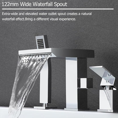 Waterfall Roman Tub Faucet with Hand Shower, Deck Mount Tub Filler Bathtub Faucet with Sprayer, Brass Widespread 3 Hole Bathtub Shower Faucet Set, Chrome