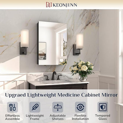 Keonjinn Black Medicine Cabinet for Bathroom with Mirror 16 x 24 Inch, Assembly Required, Lightweight, Tempered Glass, Free Adjustable Shelves, Recessed or Wall Mount, Bathroom Mirrors with Storage