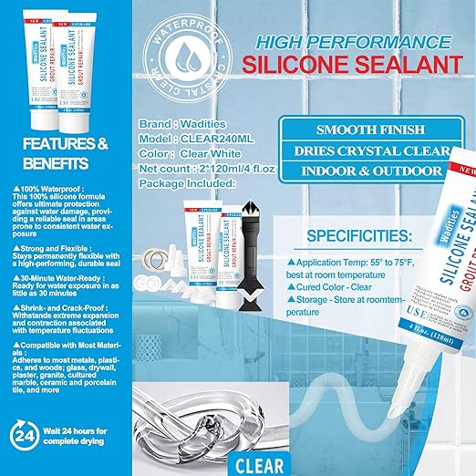 8Oz Clear Waterproof Caulk & Seal Silicone Sealant, Wadities Tile Grout Repair Kit with Grout Remove Scraper, Shrink & Crack Proof for Bathroom, Shower, Kitchen, Floor (4Oz, Pack of 2)